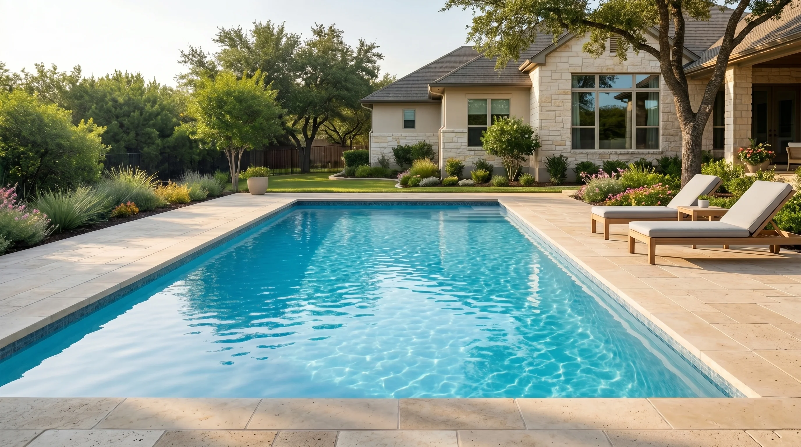 Clear blue pool water after green-to-clean algae treatment in Round Rock, TX