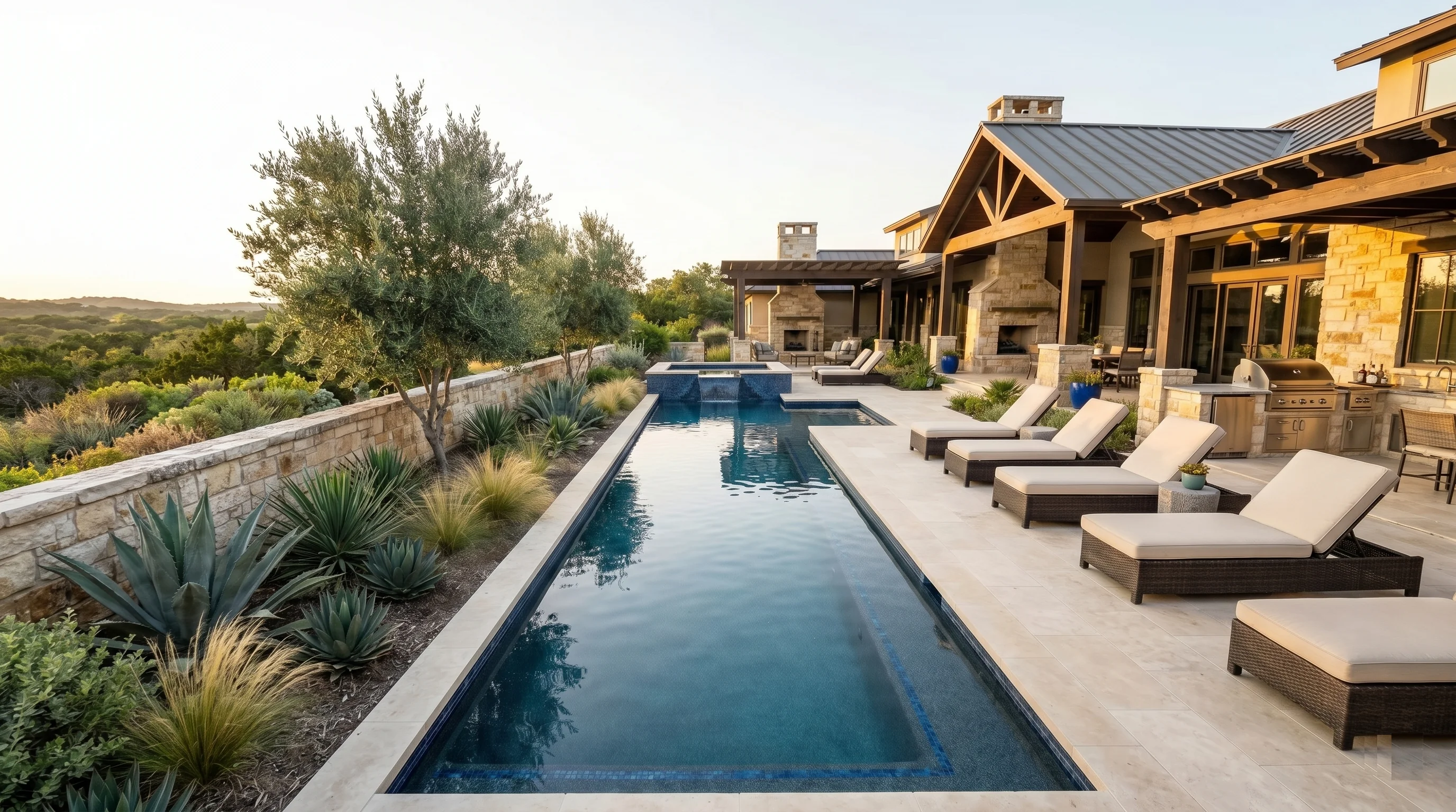 Pool technician skimming and brushing a residential pool