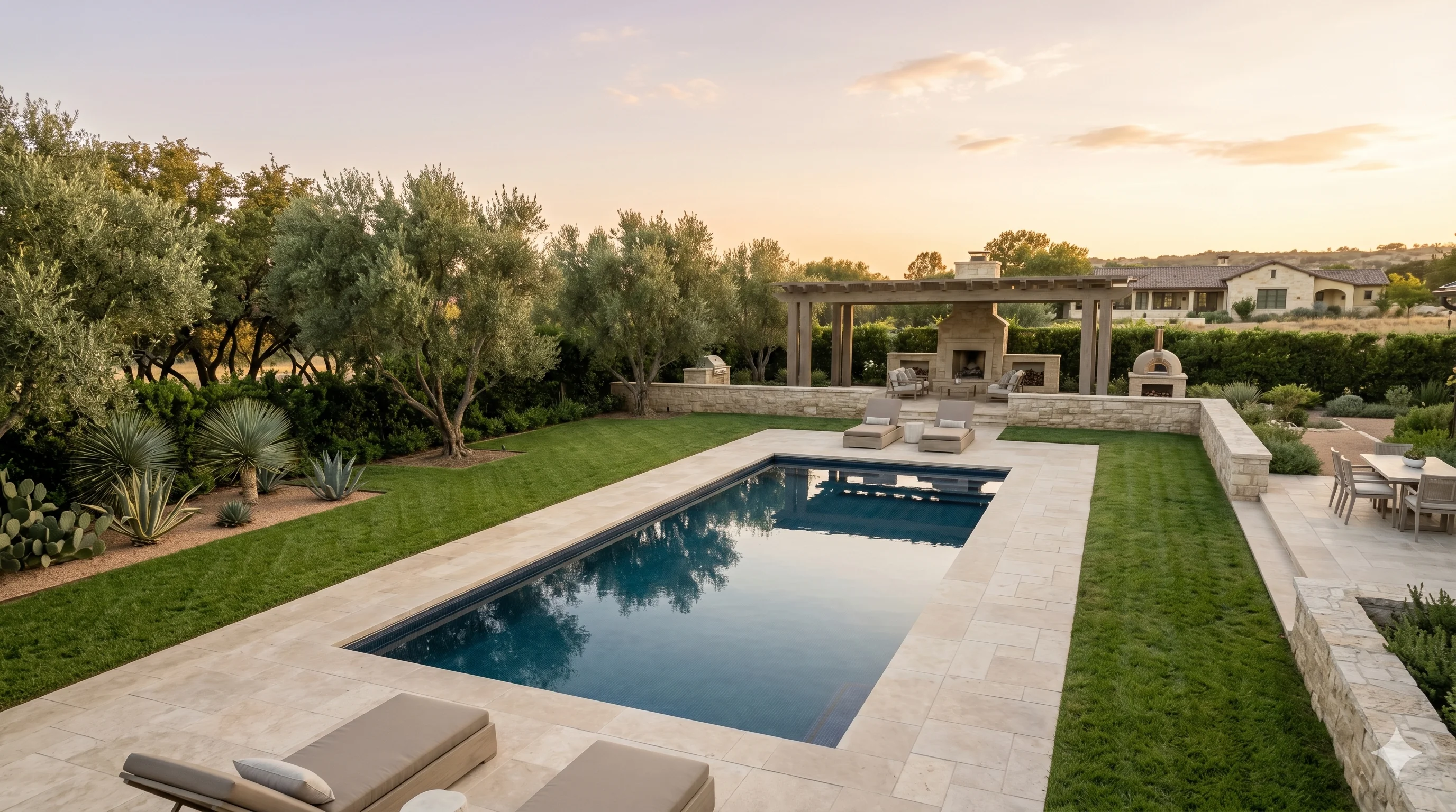 Clean residential pool water with pool care supplies nearby