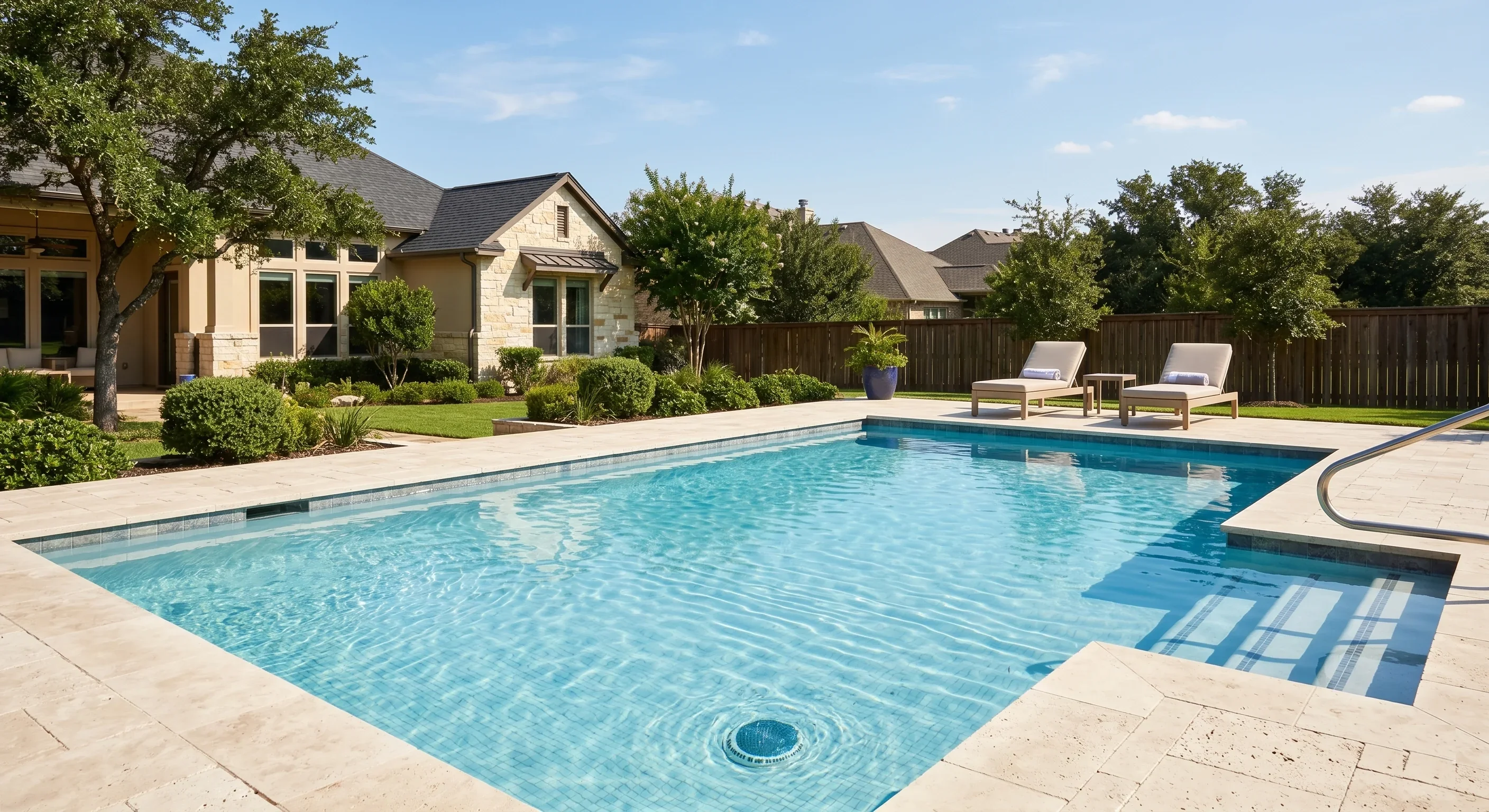 Clear saltwater pool in Round Rock maintained with salt cell cleaning and water care